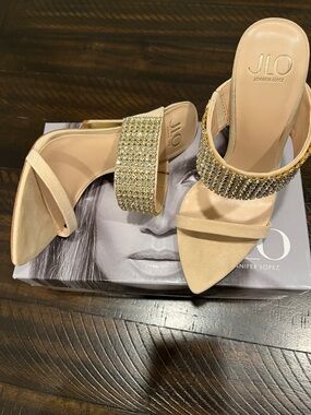 Jennifer Lopez Nude Crystal-Embellished Heeled Slides